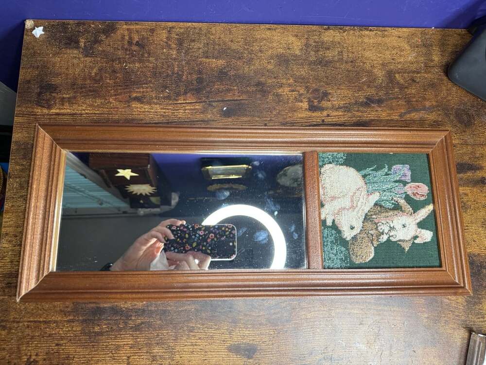 Vintage Wooden Wall Mirror with Needlepoint Bunny Rabbit Tapestry Insert